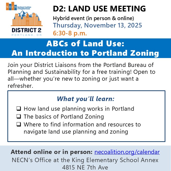 ECNA - Sharing the Upcoming Event: D2: Land Use Meeting - ABCs of Land Use: An Introduction to Portland Zoning