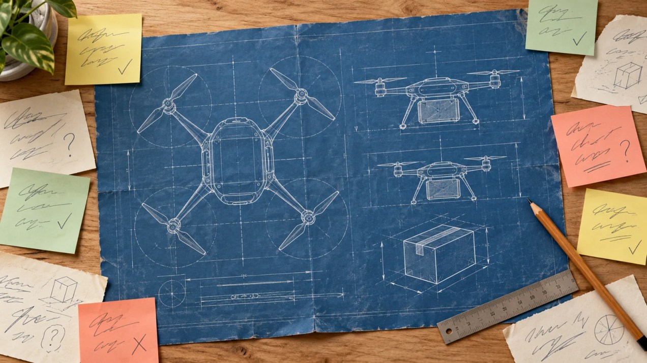 Illustration of delivery-drone blueprints on a drafting table, surrounded by handwritten notes representing community discussion.