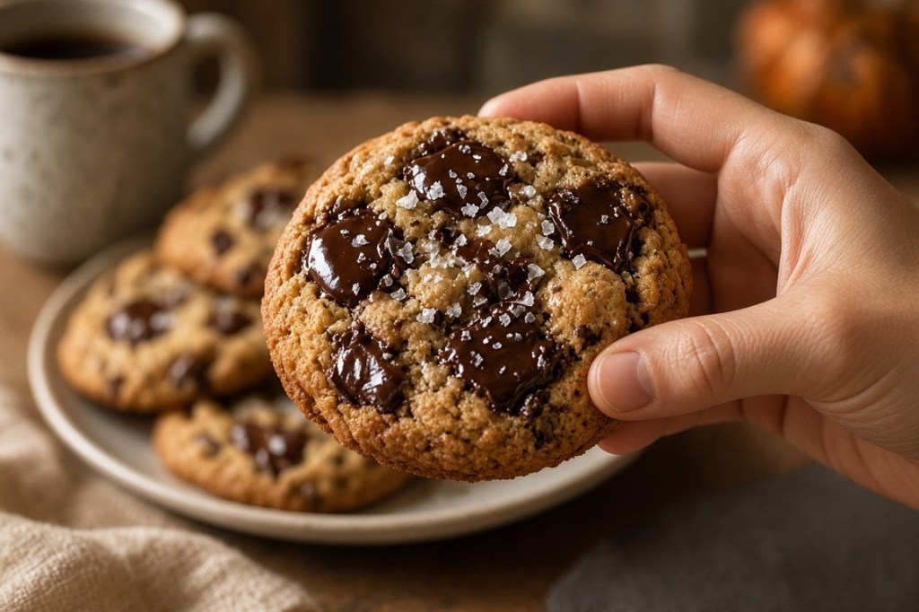 A hand holding a fresh chocolate chip cookie