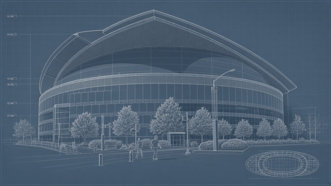 Blueprint-style architectural line drawing of the Moda Center arena in Portland, Oregon