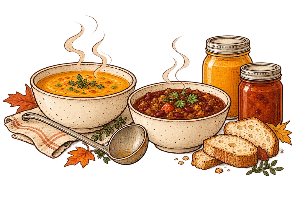 Autumn illustration of steaming soup and chili bowls, mason jars, bread, and a ladle.