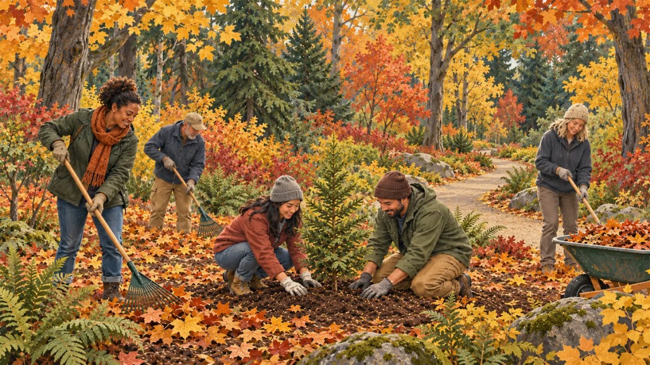Illustration of neighbors planting a conifer and raking leaves beside an autumn arboretum path.